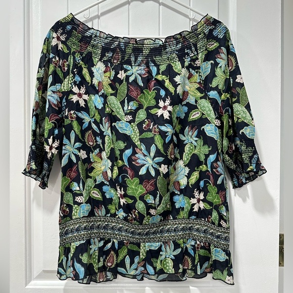 Tory Burch Off-the-Shoulder Tropical Floral Prints Smocked Top - Picture 3 of 5
